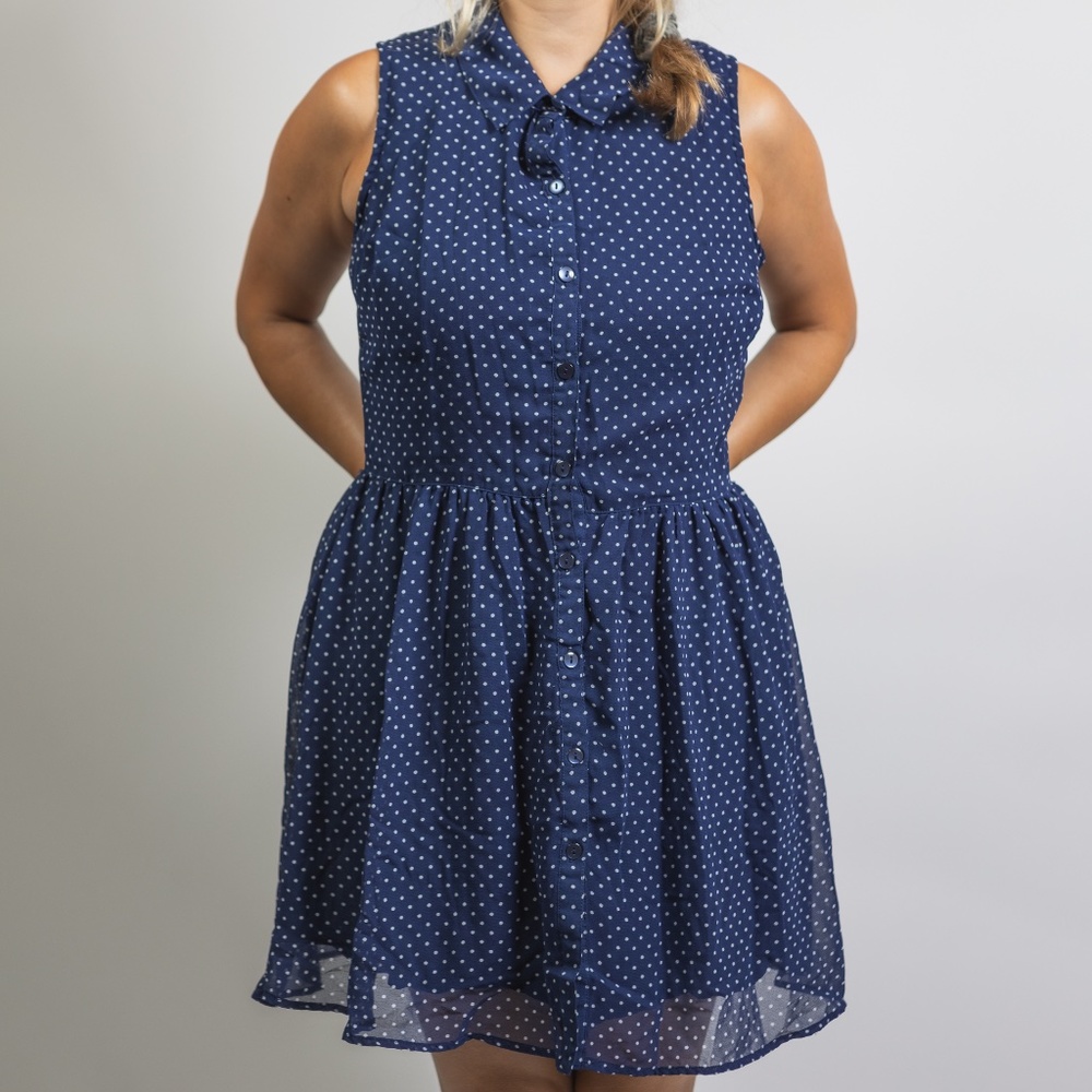 Blue and White Polka Dot Button Up Dress with open back